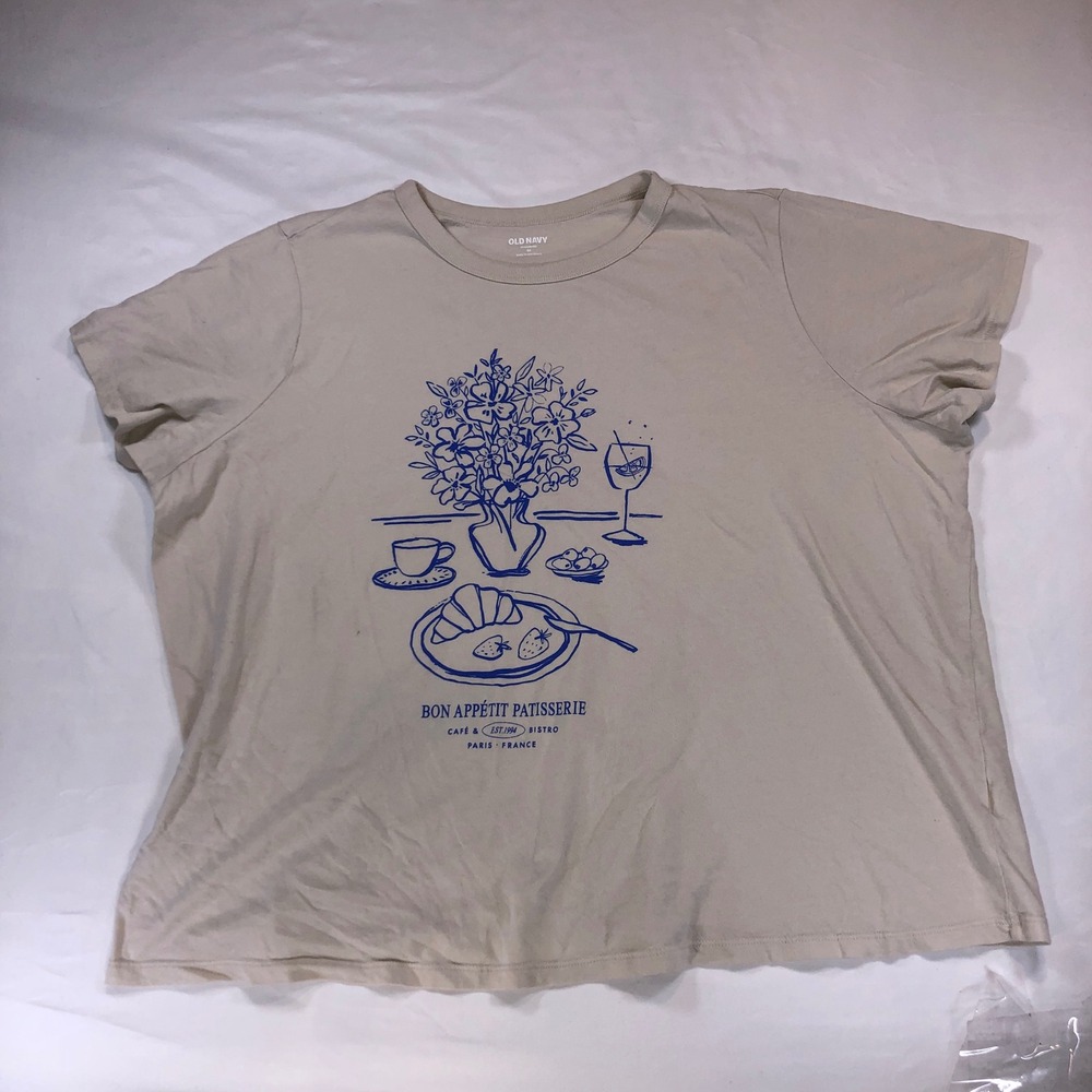 Old Navy EveryWear Graphic T-Shirt 2X Beige Paris Cafe Bon Appetit Short Sleeve